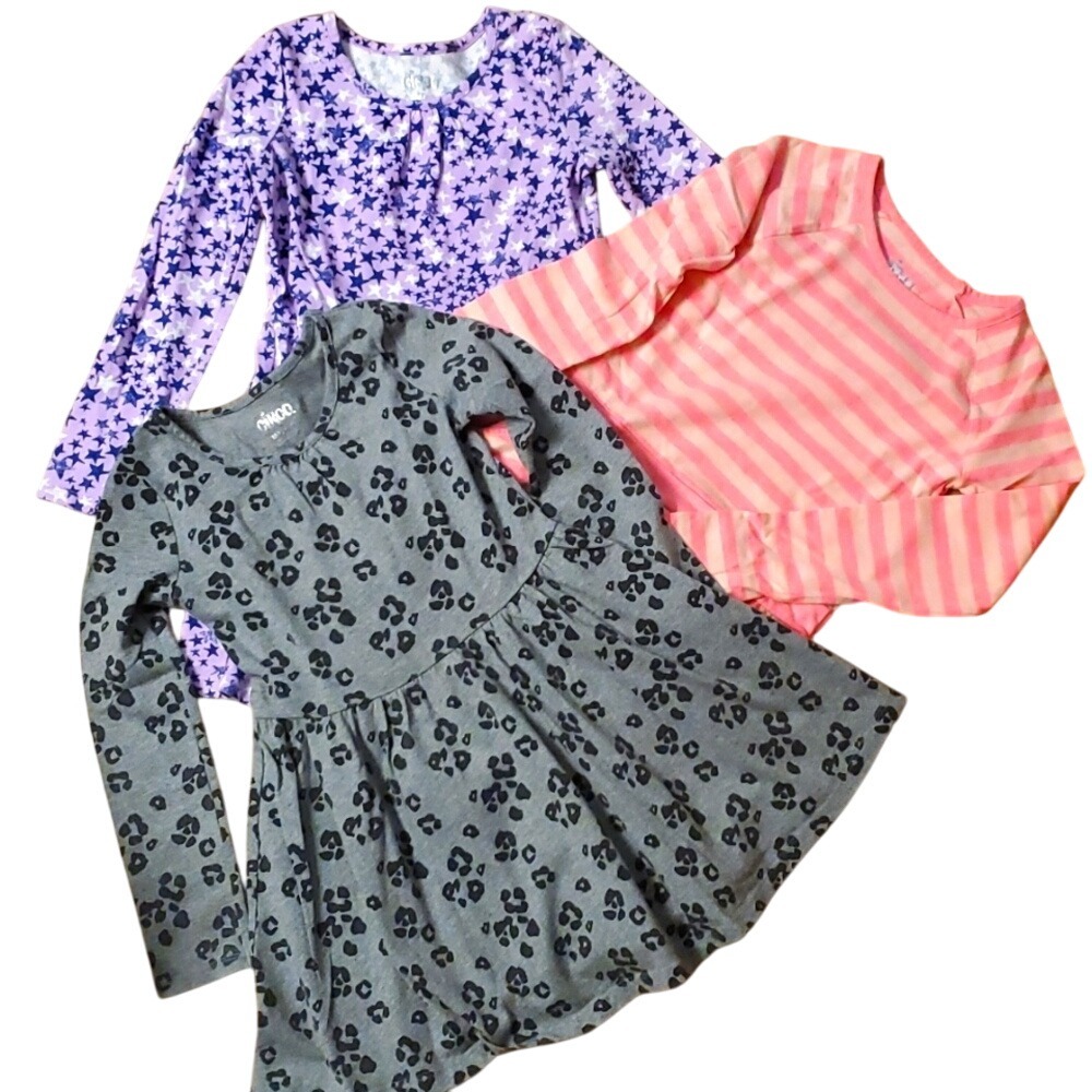 Circo Girls 3 Pack Long Sleeve Dress- Purple Star, Grey Cheetah, Pink Stripe 7-8